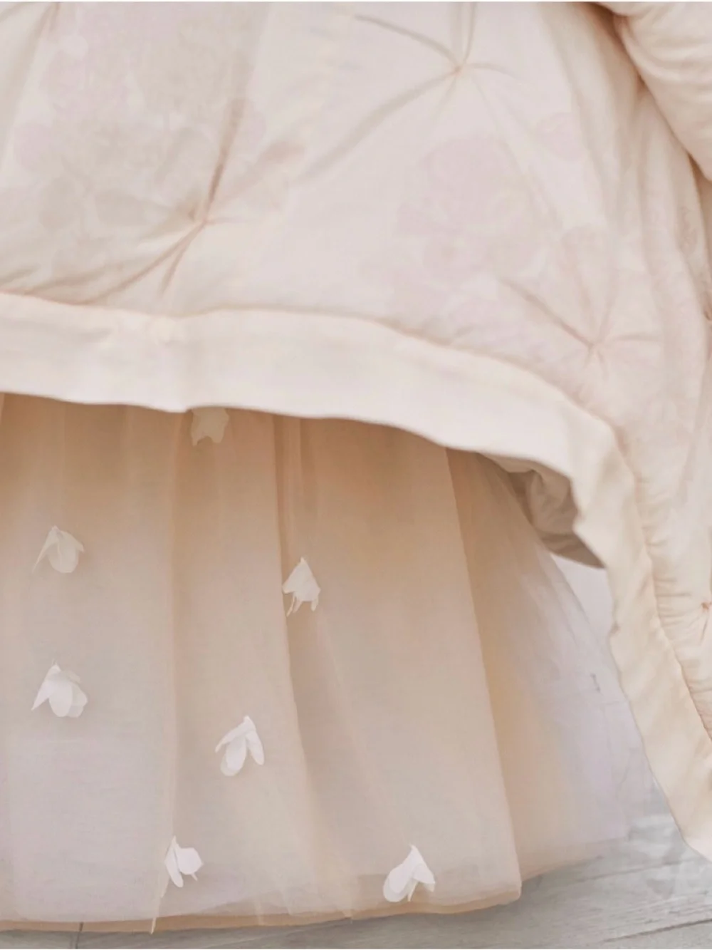 Monique Lhuillier Pale Pink Tulle Bed Skirt with Petal Appliqués